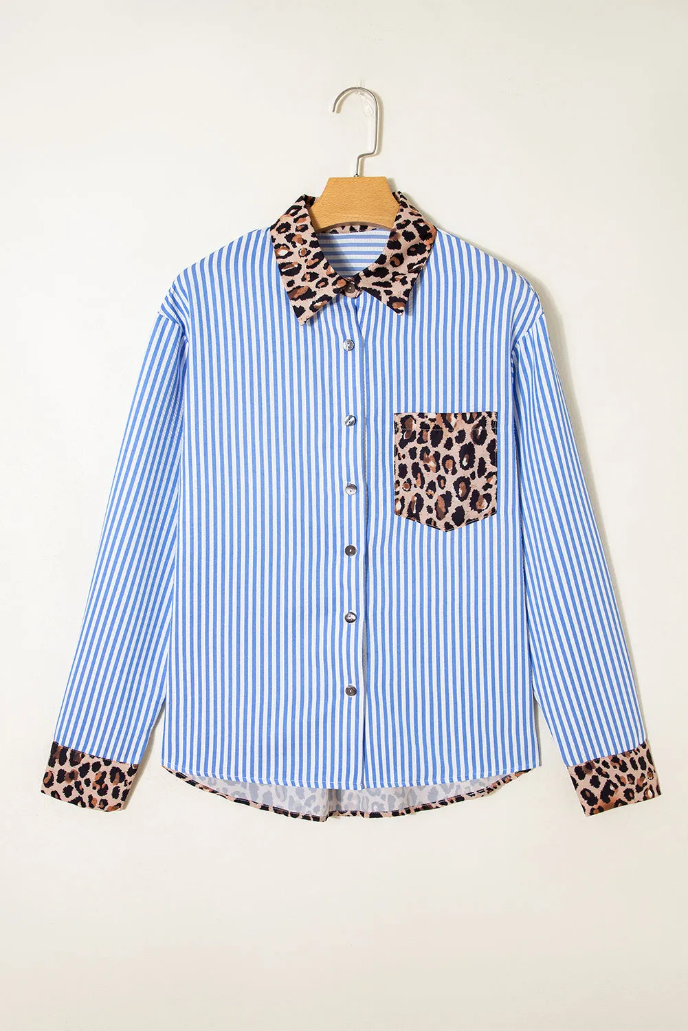 Striped Leopard Print Patchwork Button Up Shirt sold by eAura product image thumbnail 2