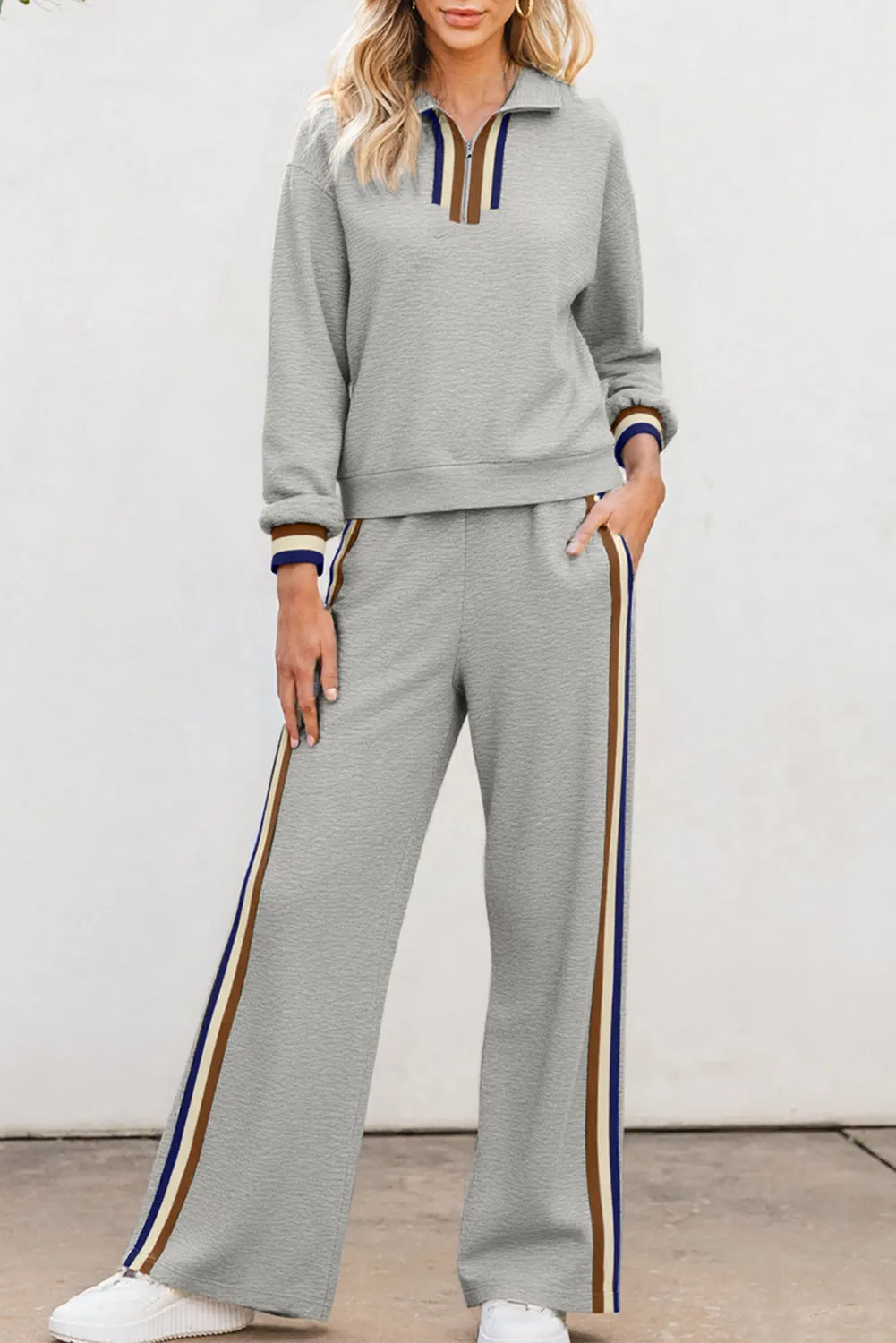 Striped Patchwork Quarter Zip Pullover Loose Trousers Co-ord set sold by eAura product image thumbnail 4