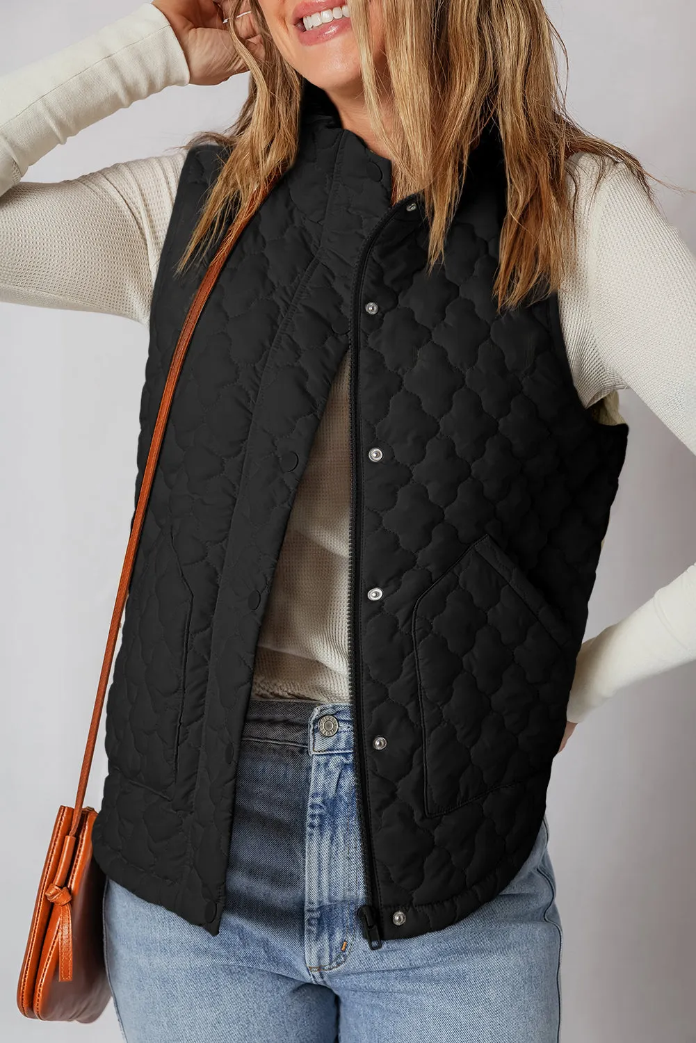 Flower Shape Quilted Snap Button Zip Up Winter Vest Vest sold by eAura