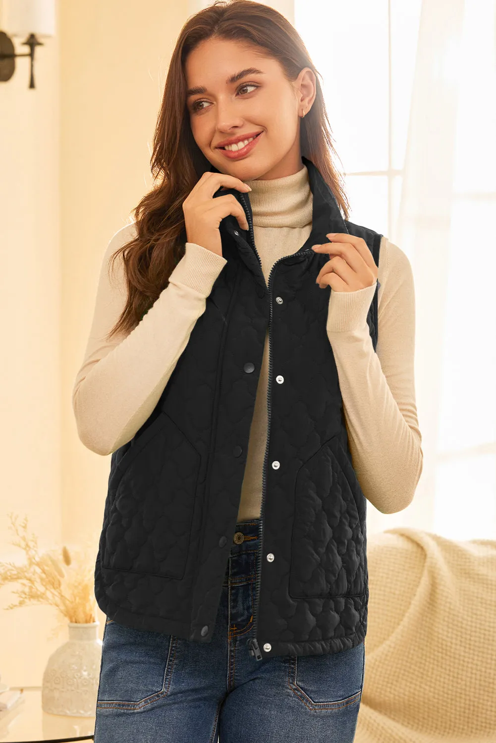 Flower Shape Quilted Snap Button Zip Up Winter Vest Vest sold by eAura product image thumbnail 4