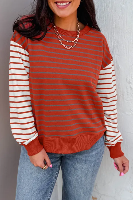 Orange Stripe Contrast Sleeve Drop Shoulder Sweatshirt sold by eAura