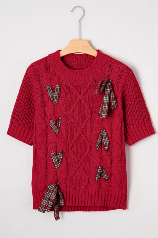 Plaid Lace up Detail Christmas Holiday Puff Short Sleeve Sweater sold by eAura