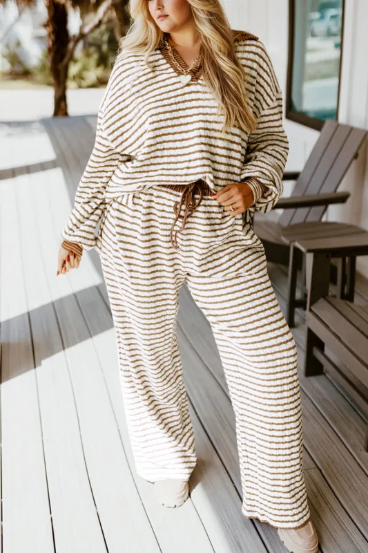 Stripe Plus Size Collared V-Neck Oversized Pullover Drawstring Elastic Waist Wide Leg Pant Co-ord Set sold by eAura