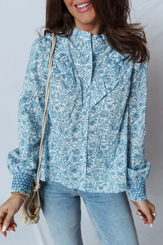 Blue All Over Floral Puff Sleeve Shirt sold by eAura