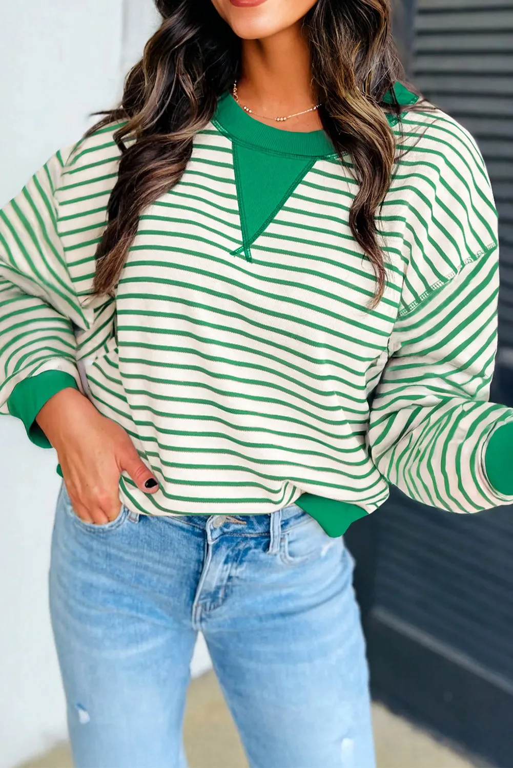 Green Striped Exposed Seam Oversized Pullover Top sold by eAura