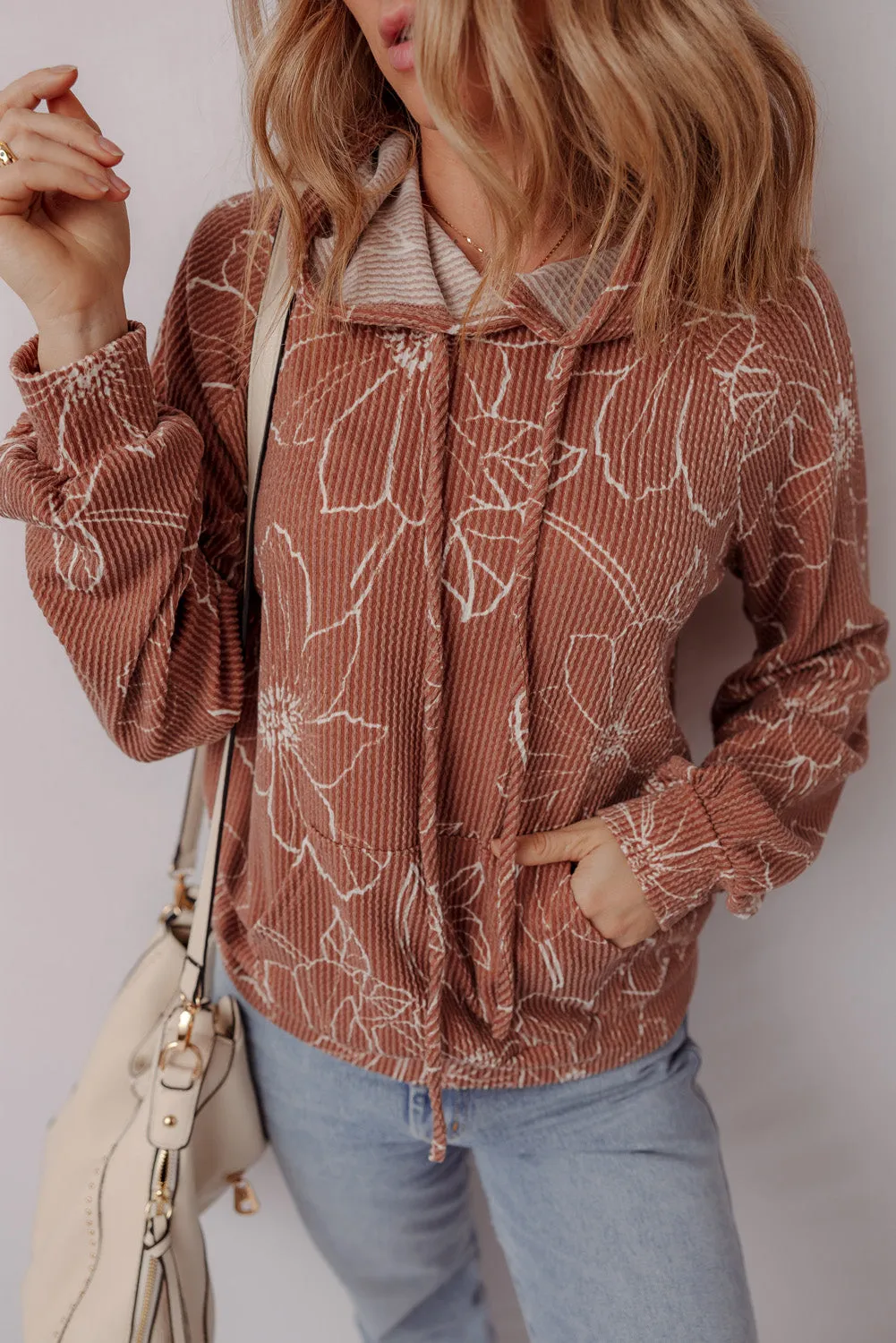 Brown Floral Rib Drawstring Kangaroo Pocket Hoodie sold by eAura product image thumbnail 4