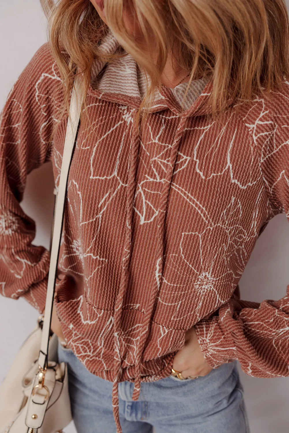 Brown Floral Rib Drawstring Kangaroo Pocket Hoodie sold by eAura product image thumbnail 3