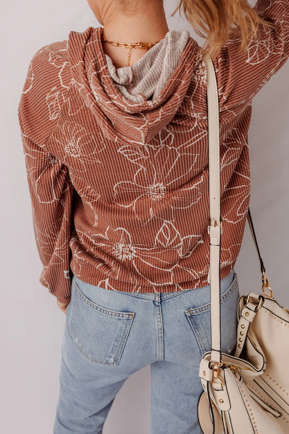 Brown Floral Rib Drawstring Kangaroo Pocket Hoodie sold by eAura product image thumbnail 2