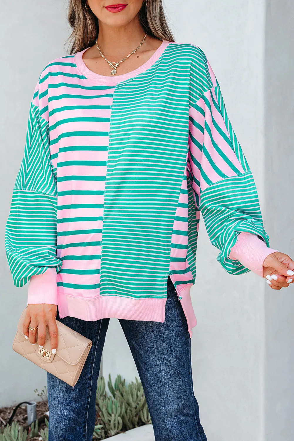 Green Stripe Patchwork Side Slit Oversized Sweatshirt sold by eAura product image thumbnail 5