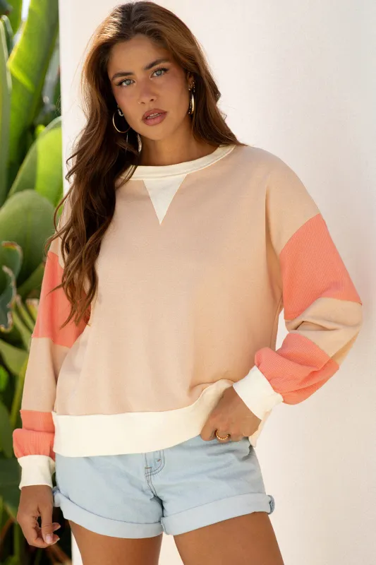 Beige Textured Patchwork Pullover Sweatshirt sold by eAura