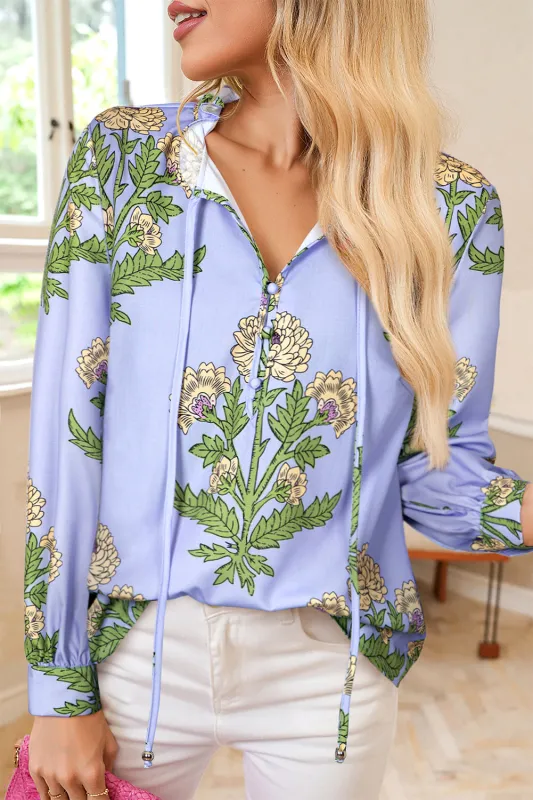 Floral Print Button Tie Neck Long Puff Sleeve Blouse sold by eAura
