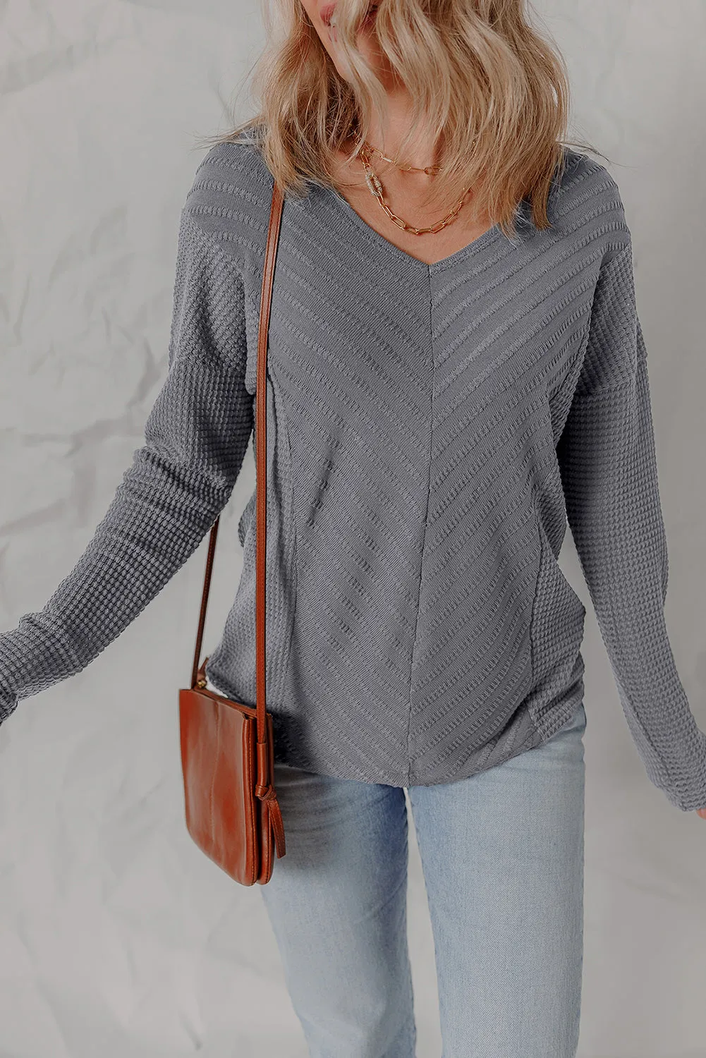 V-Neck Chevron Textured Long Sleeve Top sold by eAura product image thumbnail 4