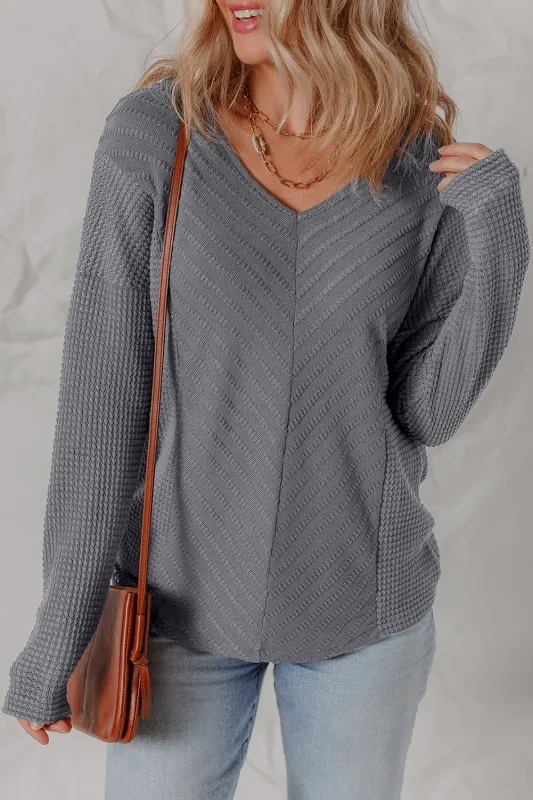 V-Neck Chevron Textured Long Sleeve Top sold by eAura