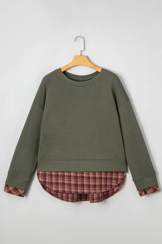 Green Plaid Patchwork Drop Shoulder Sweatshirt sold by eAura