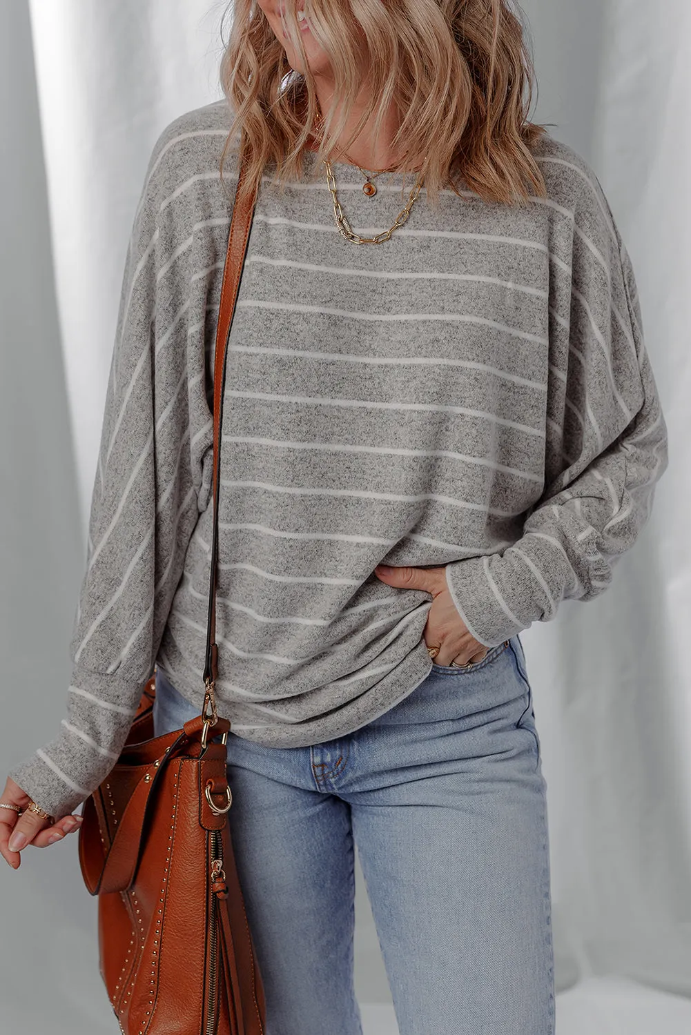 Grey Stripe Dolman Sleeve Drop Shoulder Top sold by eAura product image thumbnail 3