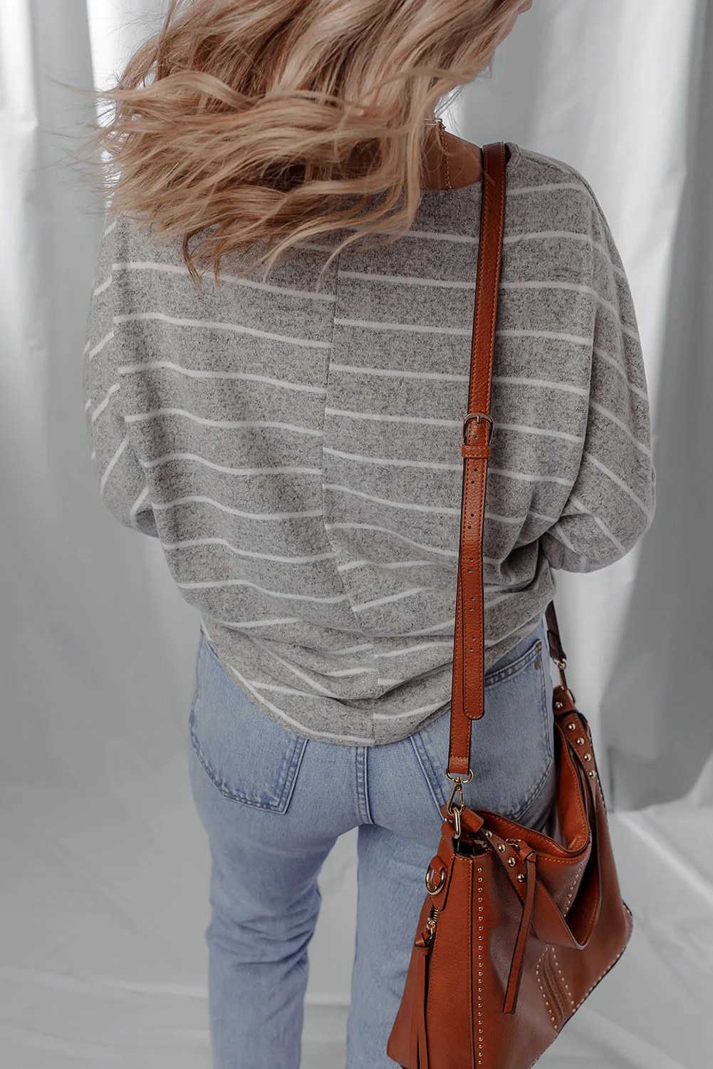 Grey Stripe Dolman Sleeve Drop Shoulder Top sold by eAura product image thumbnail 2