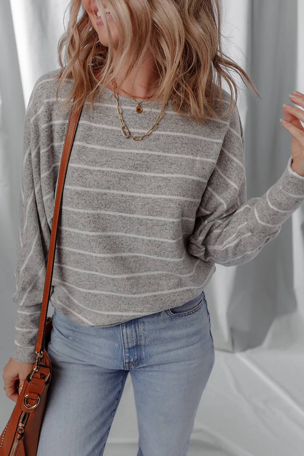 Grey Stripe Dolman Sleeve Drop Shoulder Top sold by eAura product image thumbnail 5