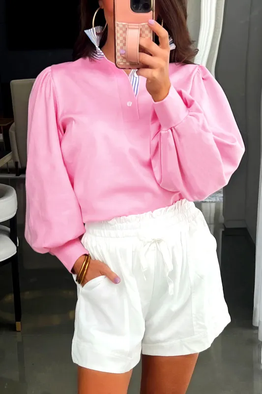 Button Striped Collar Patchwork Puff Sleeve Sweatshirt sold by eAura