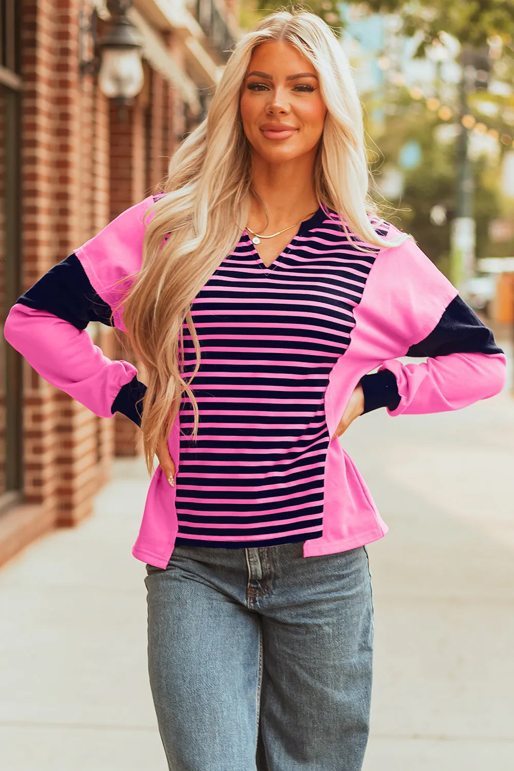 Pink Stripe V-Neck Loose Fit Long Sleeve Top sold by eAura product image thumbnail 4