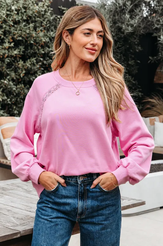 Pink Lace Patched Raglan Sleeve Loose Fit Sweatshirt sold by eAura