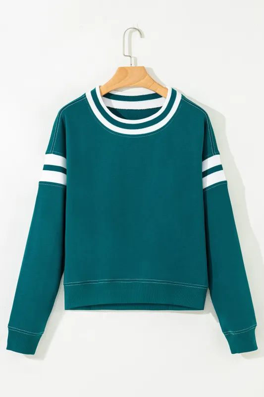 Green Contrast Striped Patchwork Drop Shoulder Sweatshirt sold by eAura