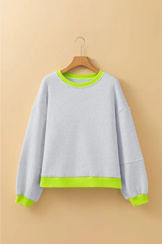 Grey Contrast Colour Banding Patchwork Puff Sleeve Loose Sweatshirt sold by eAura