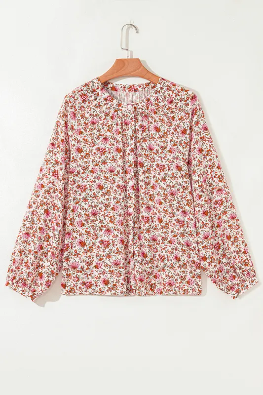 Red Floral Print Pleated Detail Notched Neck Puff Sleeve Blouse sold by eAura
