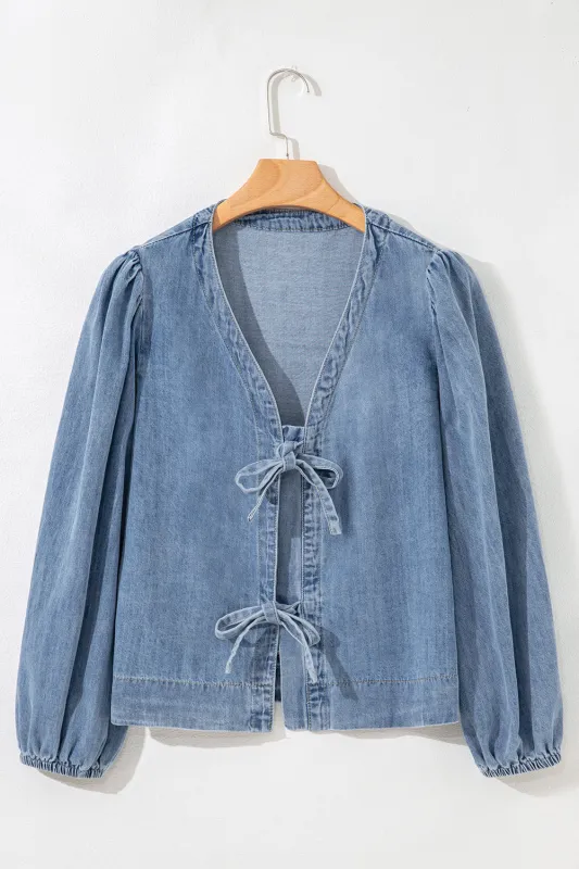 Tied Front Long Puff Sleeve Denim Top sold by eAura