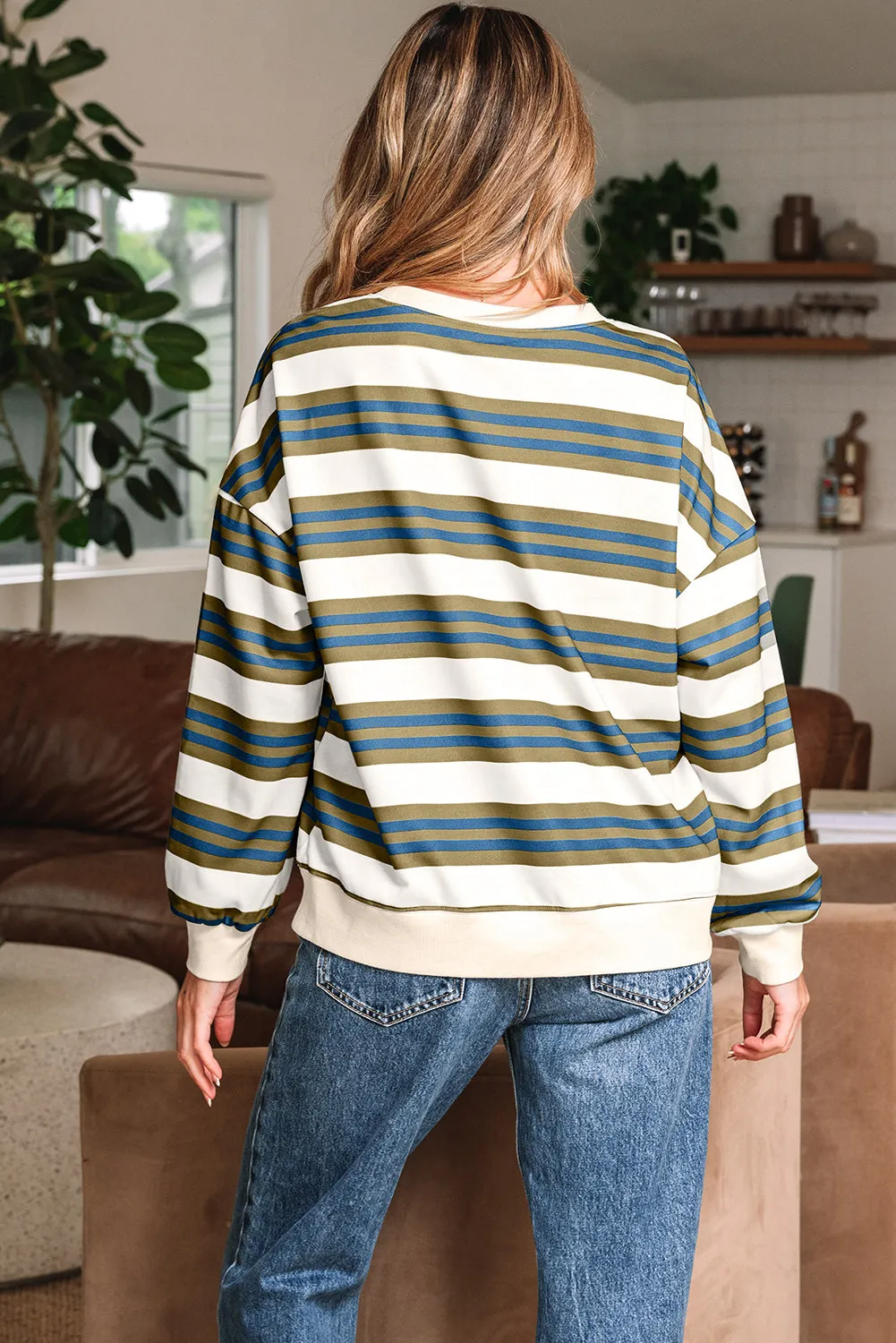 Stripe Crew Neck Drop Shoulder Pullover Sweatshirt sold by eAura product image thumbnail 3
