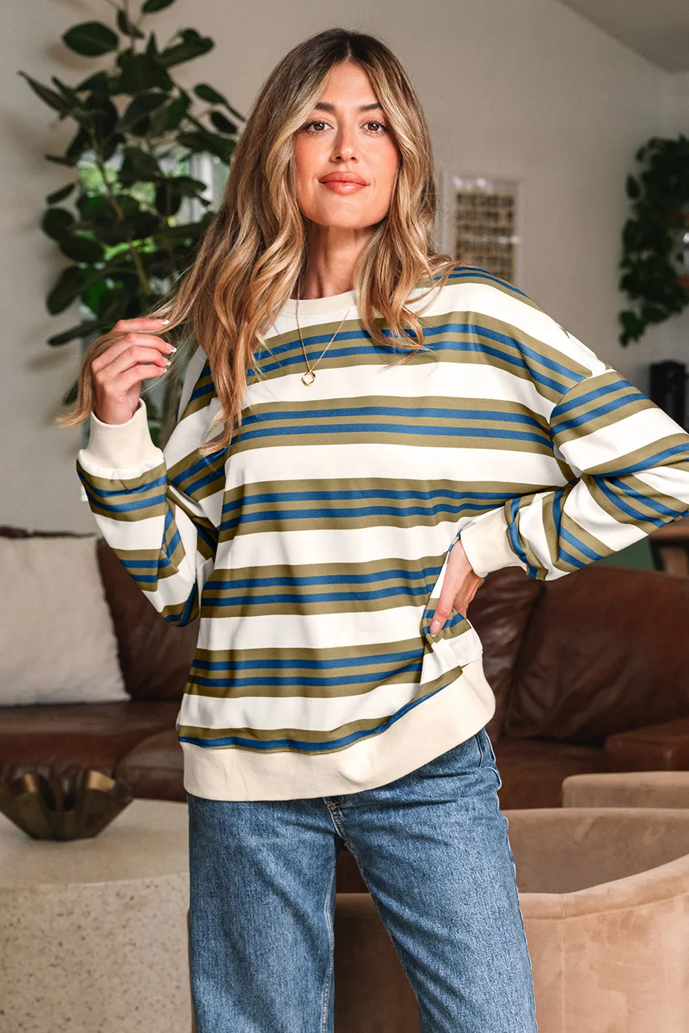 Stripe Crew Neck Drop Shoulder Pullover Sweatshirt sold by eAura product image thumbnail 2