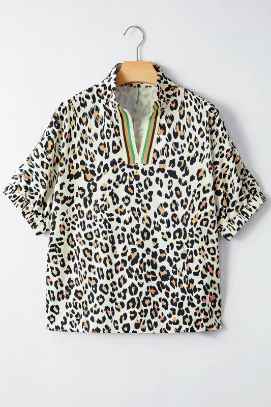 Leopard Contrast Striped V-Neck Loose Fit Blouse sold by eAura