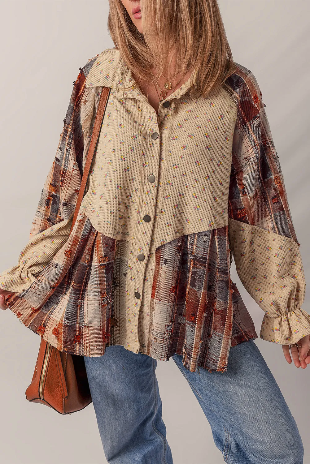 Boho Floral Plaid Patchwork Distressed Detail Ruffled Sleeve Waffle Shacket sold by eAura product image thumbnail 5
