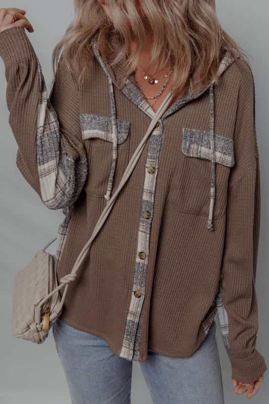 Plaid Patchwork Button Down Drawstring Hooded Shacket sold by eAura