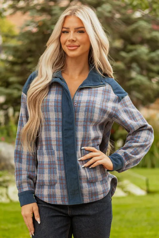 Plaid Soft Corduroy Patchwork Collared Zip-Up Snap Button Jacket sold by eAura