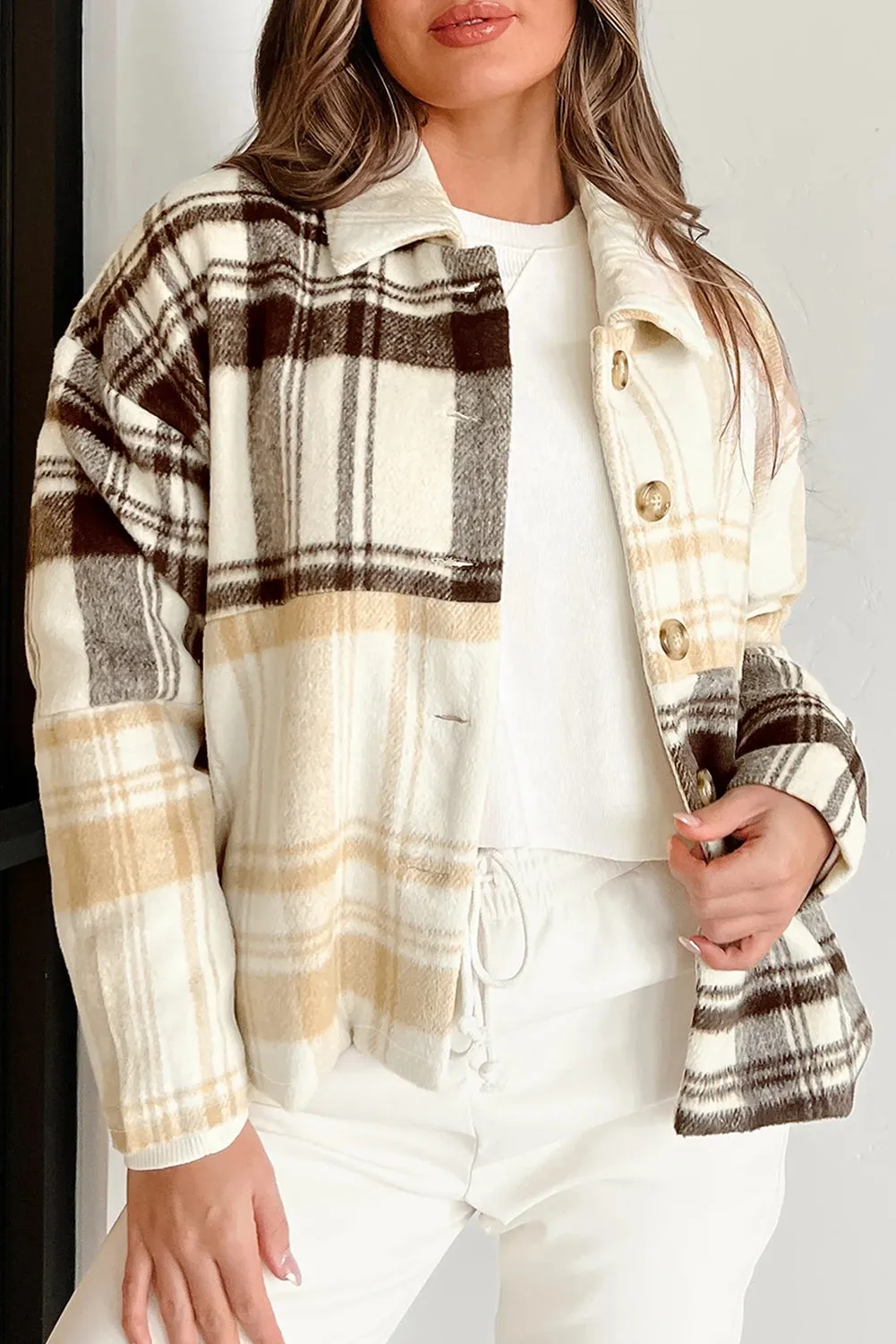 Multicolour Plaid Patchwork Side Pockets Buttoned Shacket sold by eAura