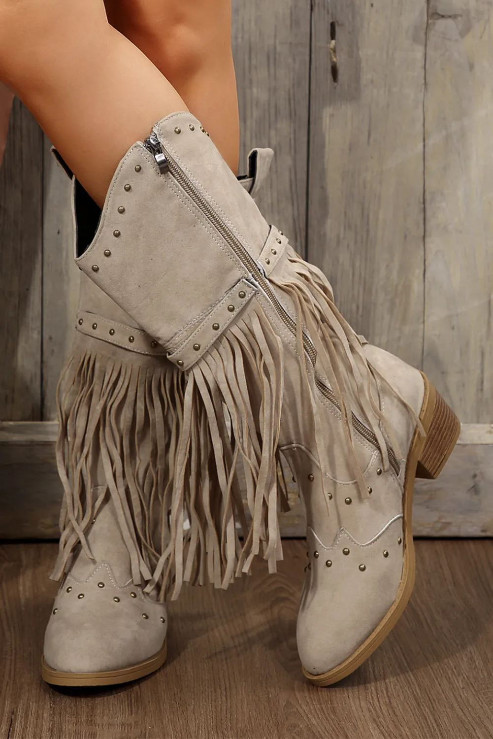 Beige Faux Suede Studded Fringe Trim Heel Boots sold by eAura product image thumbnail 3