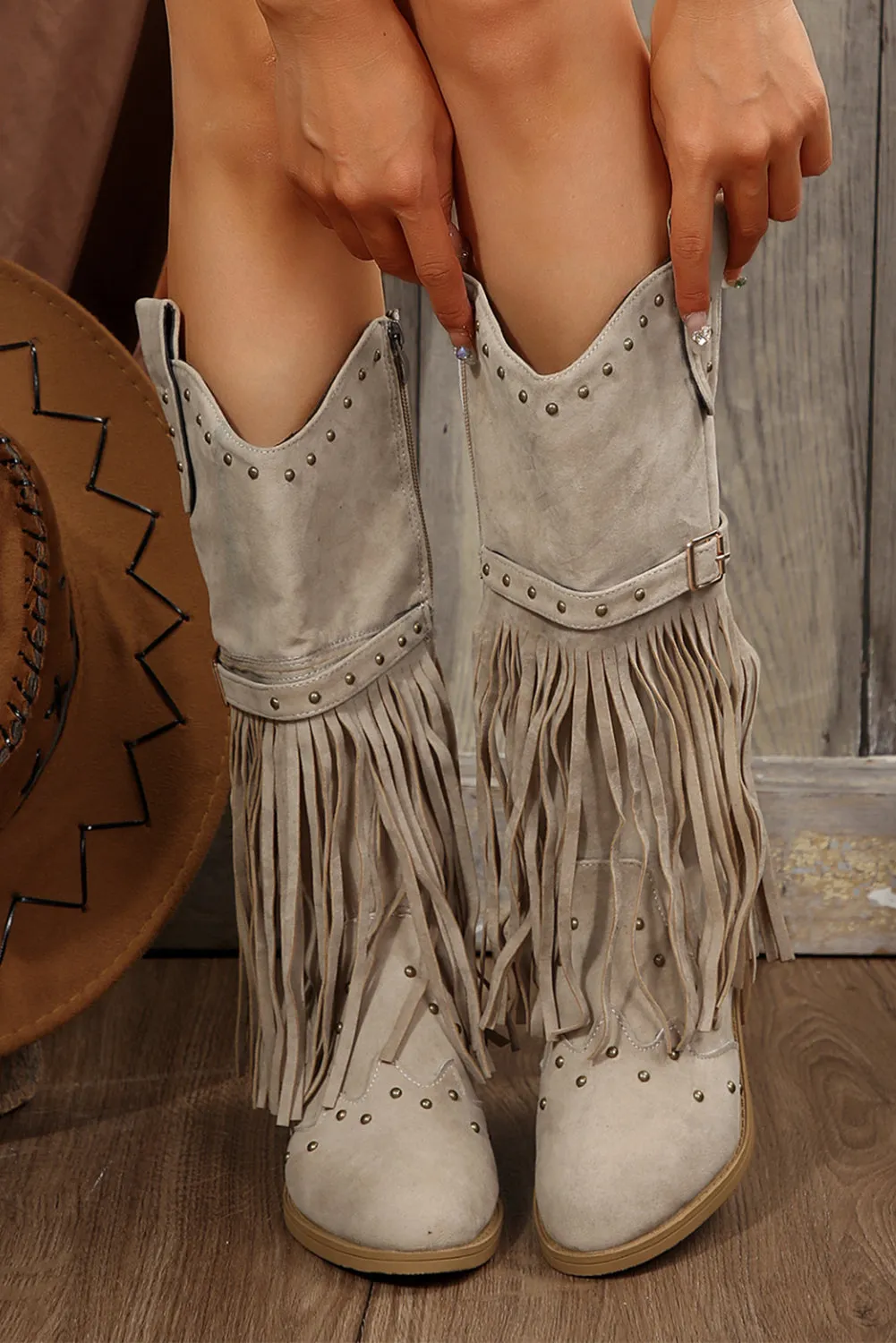 Beige Faux Suede Studded Fringe Trim Heel Boots sold by eAura product image thumbnail 2
