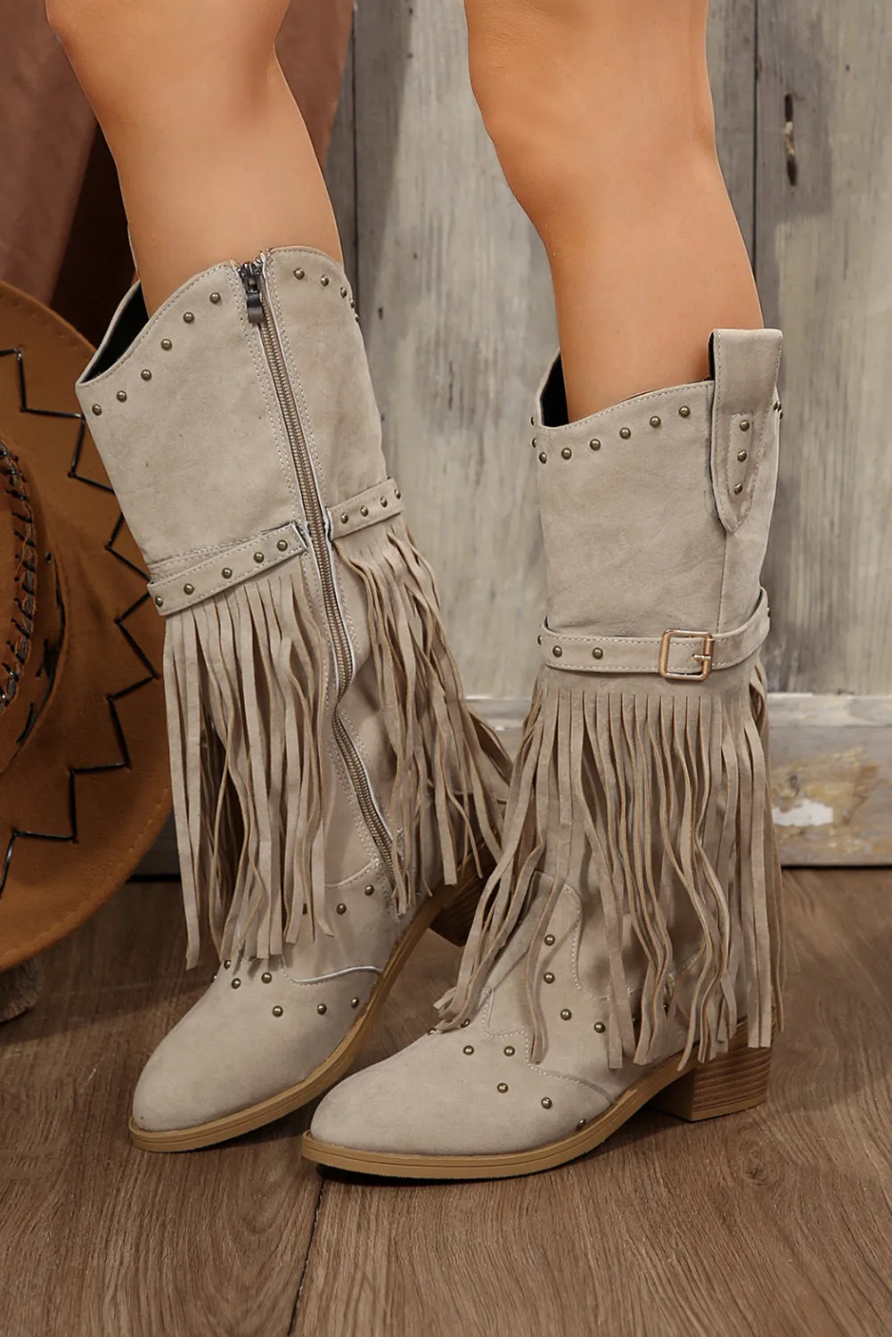 Beige Faux Suede Studded Fringe Trim Heel Boots sold by eAura