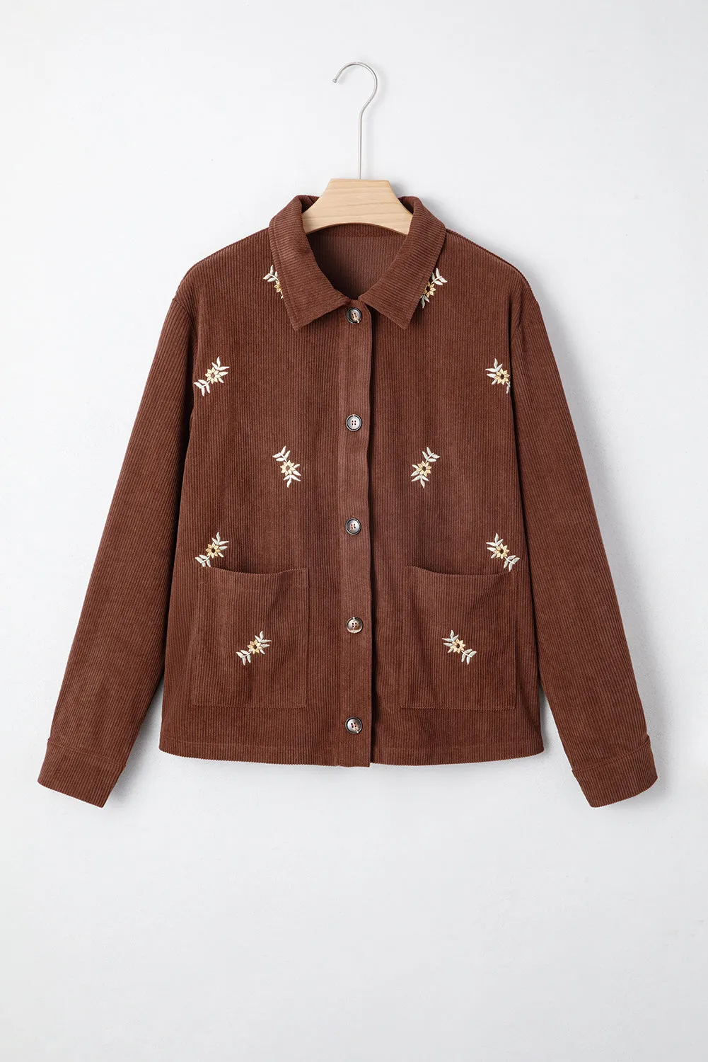 Floral Embroidered Collar Button Front Soft Corduroy Jacket sold by eAura