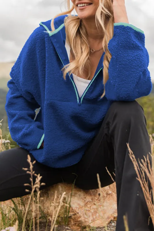 Blue Sherpa Half Zip Contrast Trim Pullover Hoodie sold by eAura