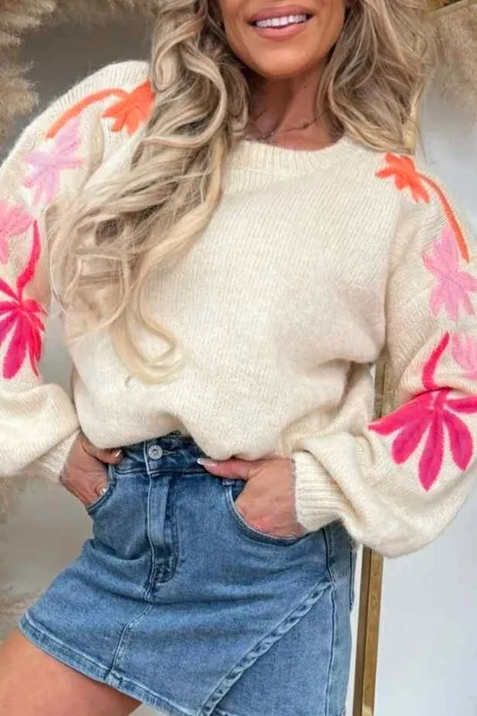 Embroidered Floral Sleeve Round Neck Loose Sweater sold by eAura