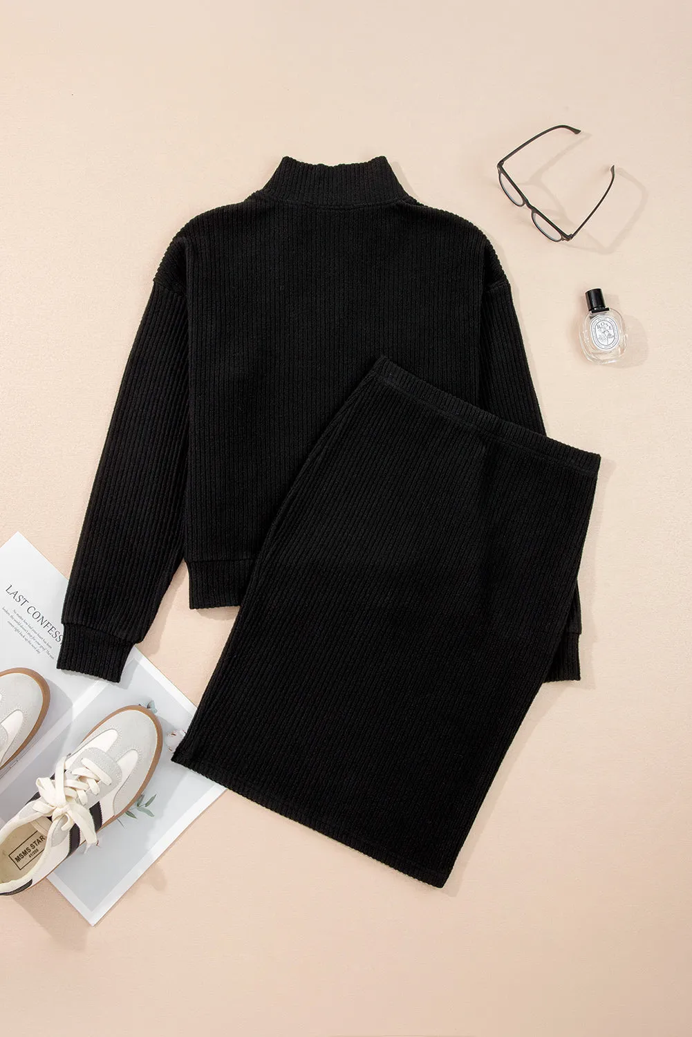 Zip Stand Neck Drop Shoulder Ribbed Pullover & Bodycon Skirt 2pcs Co-ord Set sold by eAura product image thumbnail 5