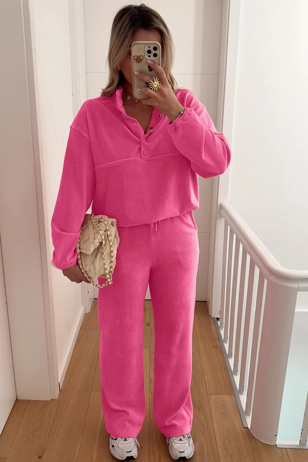 Half Button Pullover Drawstring Trousers Soft Corduroy Co-ord 2pcs Outfit sold by eAura product image thumbnail 3