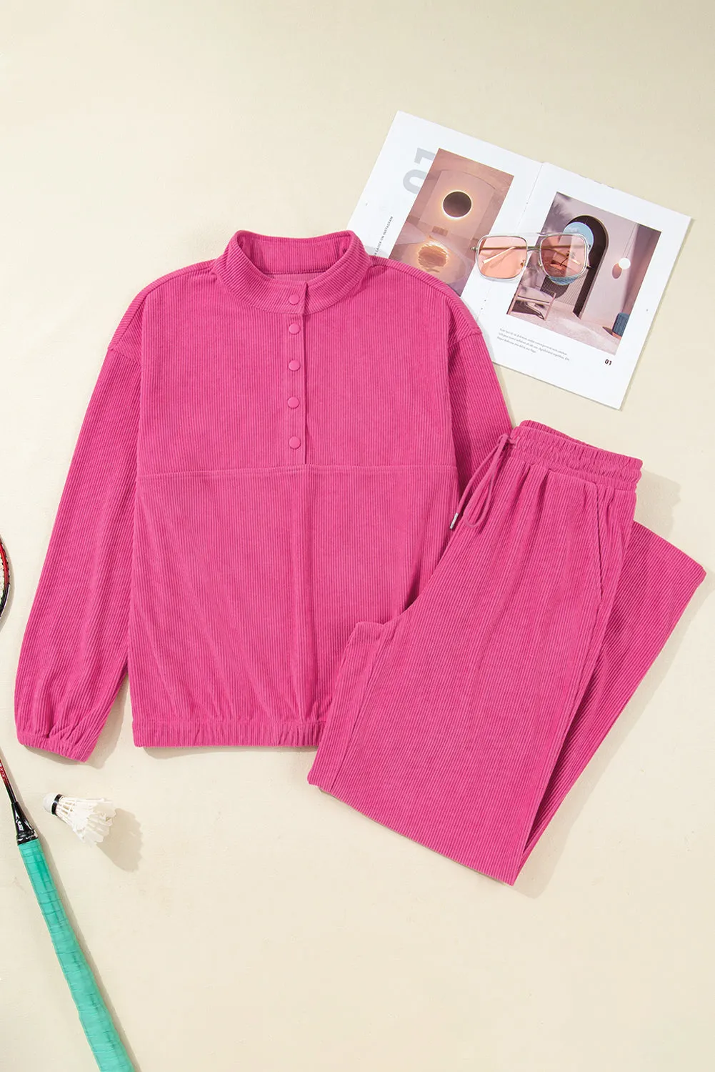 Half Button Pullover Drawstring Trousers Soft Corduroy Co-ord 2pcs Outfit sold by eAura product image thumbnail 4