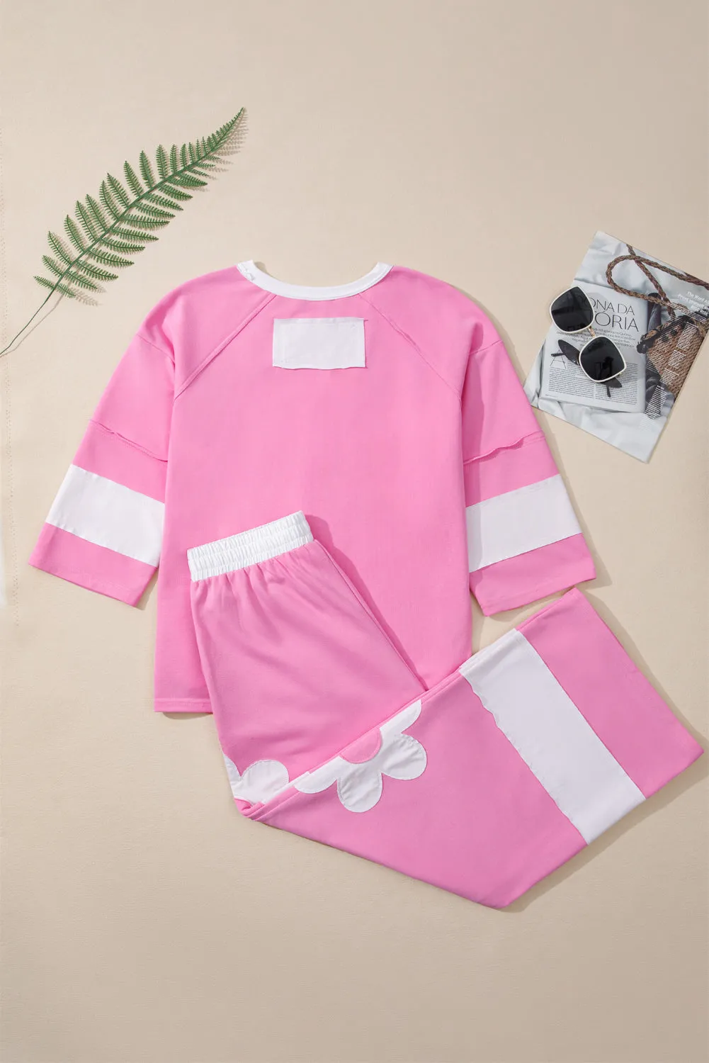 Big Flower Patched Raw Seam 2 Piece Relaxed Trousers Co-ord Set sold by eAura product image thumbnail 2