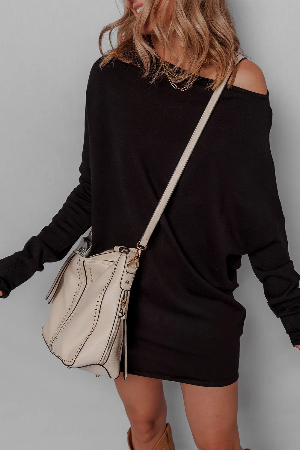 Black Asymmetric Neck Batwing Sleeve Shift Mini Sweater Dress sold by eAura product image thumbnail 3