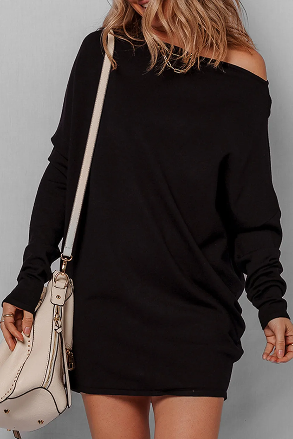 Black Asymmetric Neck Batwing Sleeve Shift Mini Sweater Dress sold by eAura product image thumbnail 4