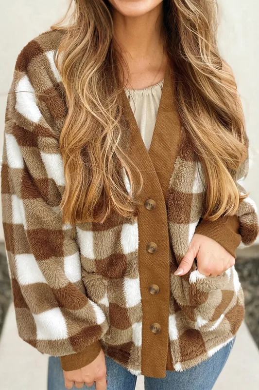 Checkered Sherpa Oversized Cardigan with Pockets sold by eAura