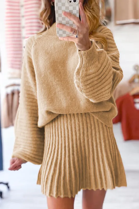 High Neck Puff Sleeve Sweater and Pleated Mini Skirt Co-ord Knit Outfit sold by eAura