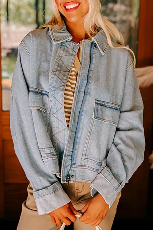 Blue Zip Up Washed Denim Jacket sold by eAura
